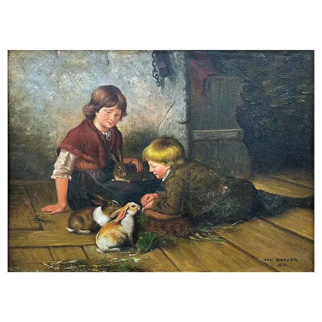 Van Barren, Children and Rabbits, 1871, Oil on Panel, Framed For Sale