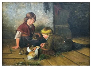 Van Barren, Children and Rabbits, 1871, Oil on Panel, Framed