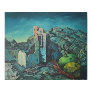 Mid 20th Century Zeev Kun Israel Surrealistic Landscape With Apples Oil on Canvas