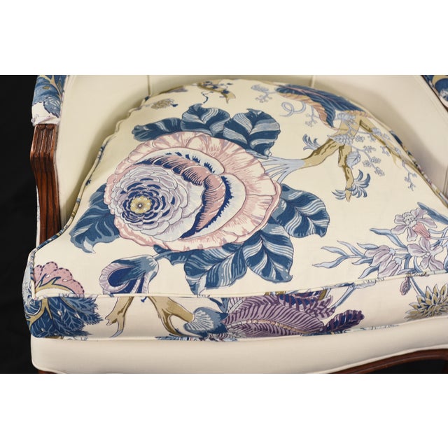 Wood Schumacher Linen Accent Chair on Restored Vintage Ethan Allen Camille Bergere With Linen For Sale - Image 7 of 18