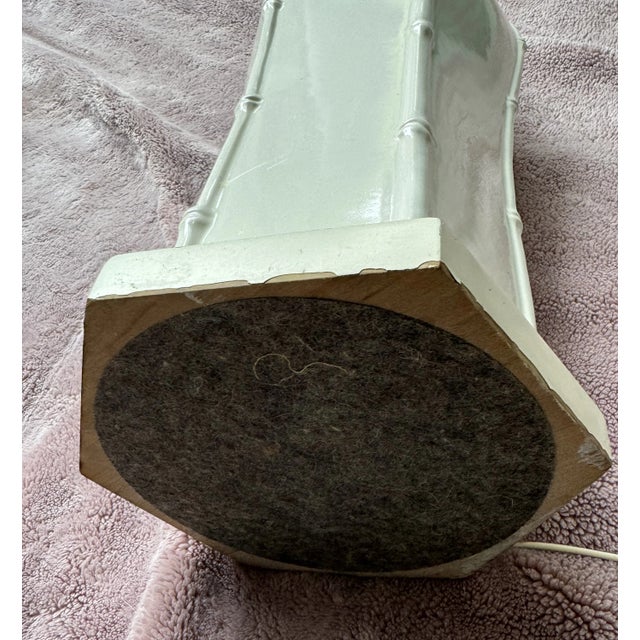 Light Yellow Pair of Vintage Large Ceramic Lamps With Shades, Faux Bamboo Pattern on Six Edges For Sale - Image 8 of 8