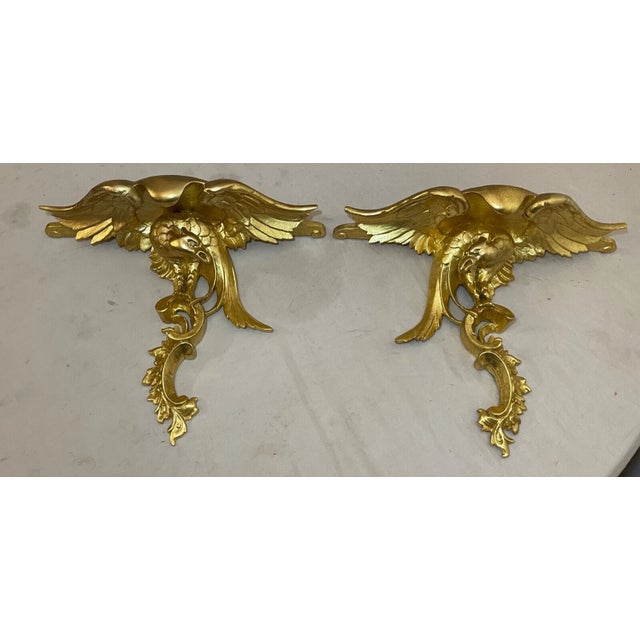 Traditional Pair of Antique Italian Federal Gold Gilt-Wood Figural Bird Wall Shelves Shelf For Sale - Image 3 of 14