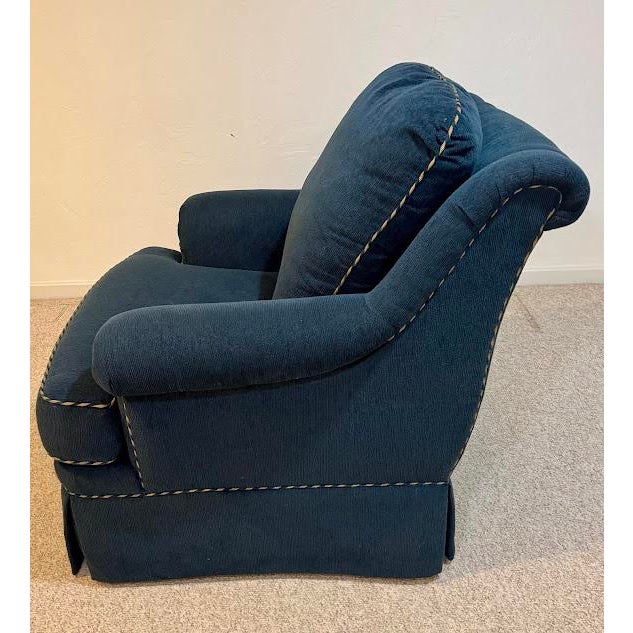 Shabby Chic Custom Ethan Allen Rolled-Arm Skirted Armchair in Navy With Rope Trim For Sale - Image 3 of 9