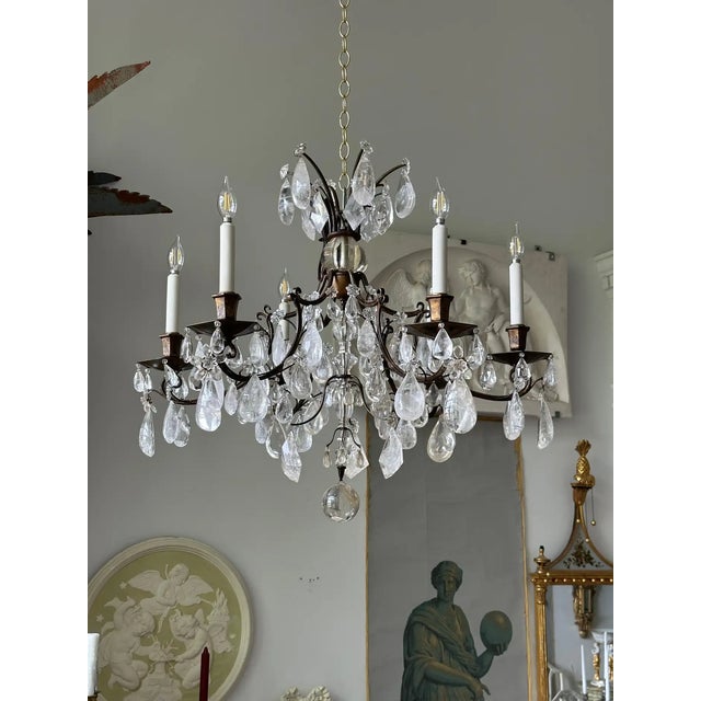Pair of Maison Bagues Patinated Iron and Rock Crystal Chandeliers For Sale - Image 4 of 9