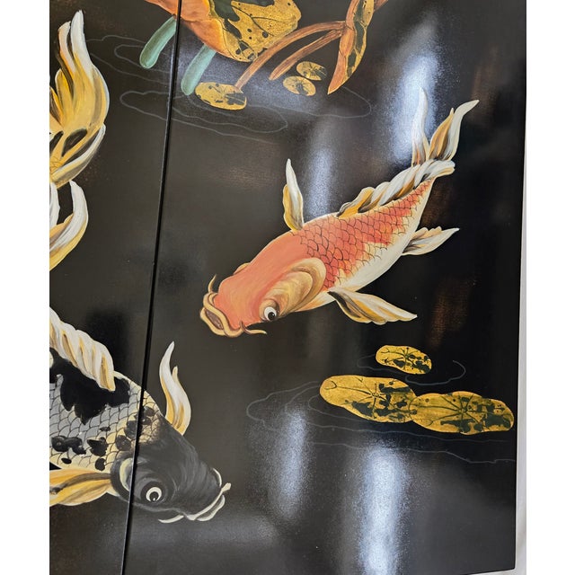 Mid 20th Century Two Panel Black Lacquered Koi Fish Lotus Flower With Dragon Fly Artist Signed For Sale - Image 6 of 15