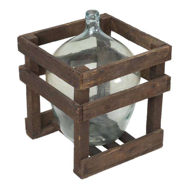 Demijohn or Carboy Glass Bottle in the Original Wooden Crate For Sale