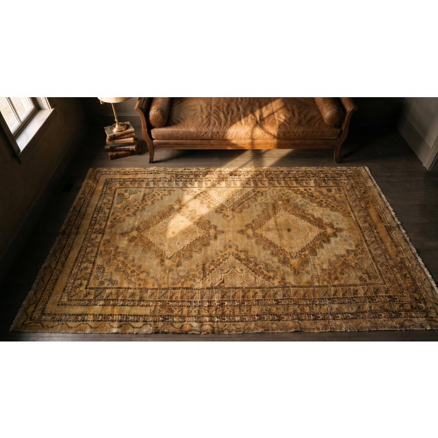 1930s Tan Camel Medallion Antique Central Asian Khotan Rug 7'9" X 13'9" Handknotted Wool Carpet For Sale In New York - Image 6 of 8