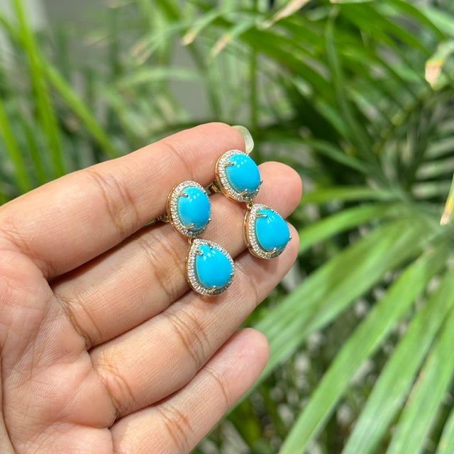 8.94ct Sleeping Beauty Turquoise Drop Earrings With Diamonds in 14k Gold- 2 Pieces For Sale In New York - Image 6 of 14