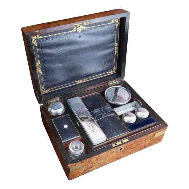 Antique Gentlemans Dressing Box in Burr Walnut, 1865, Set of 6 For Sale