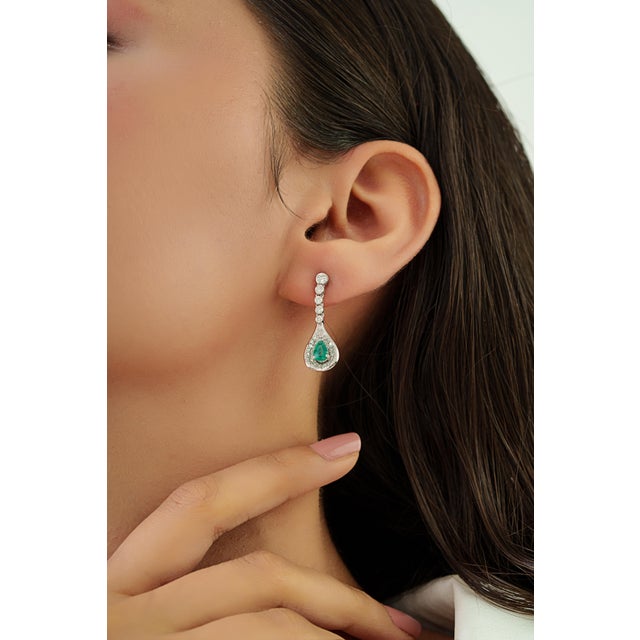 Metal Luxury Pear Cut Zambian Emerald & Diamond Halo Drop Earrings in 14k White Gold- A Pair For Sale - Image 7 of 11
