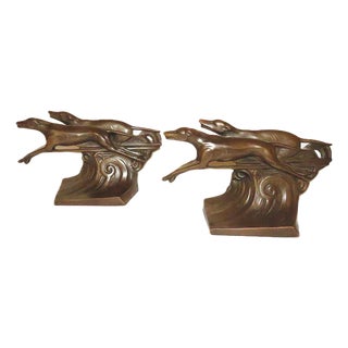Pair of Art Deco Stylized Patinated Bronze Greyhound Dog Bookends For Sale