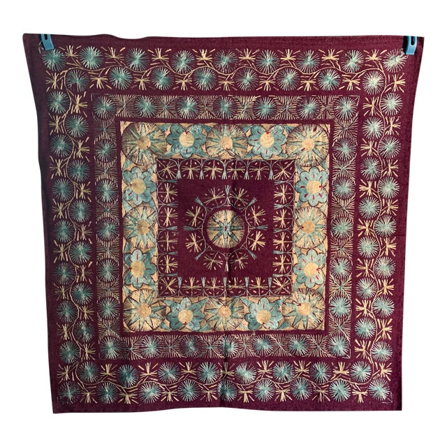 Vintage Indian Embroidered Wool Textile Wall Art – 32” X 31” For Sale