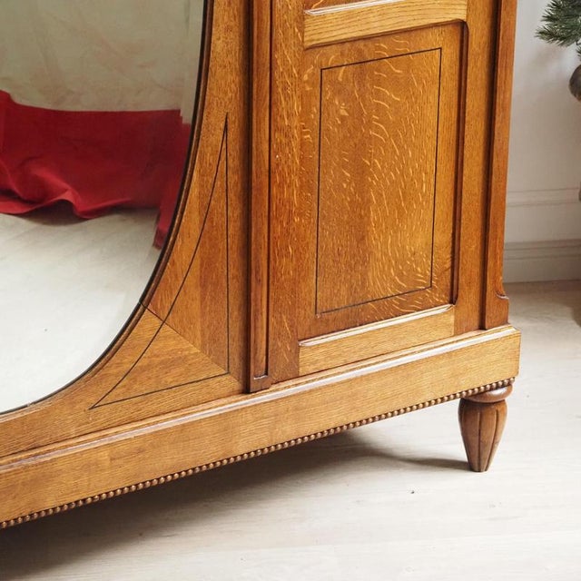 Wood Large Art Nouveau 3-Door Wardrobe in Oak with Oval Mirror For Sale - Image 7 of 18