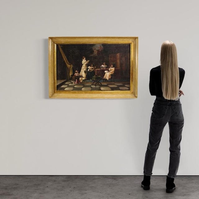 Italian painting dated 1913. Oil on canvas, first canvas, artwork depicting an interior scene in the antique style,...