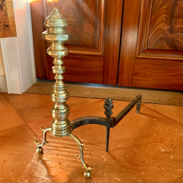 Metal Pair of Antique American Brass Andirons With Turned Finials For Sale - Image 7 of 13