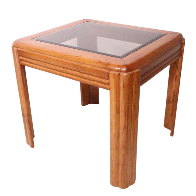 Postmodern Pr. Oak and Tinted Glass End Side Tables C. 1980/90's For Sale - Image 3 of 8
