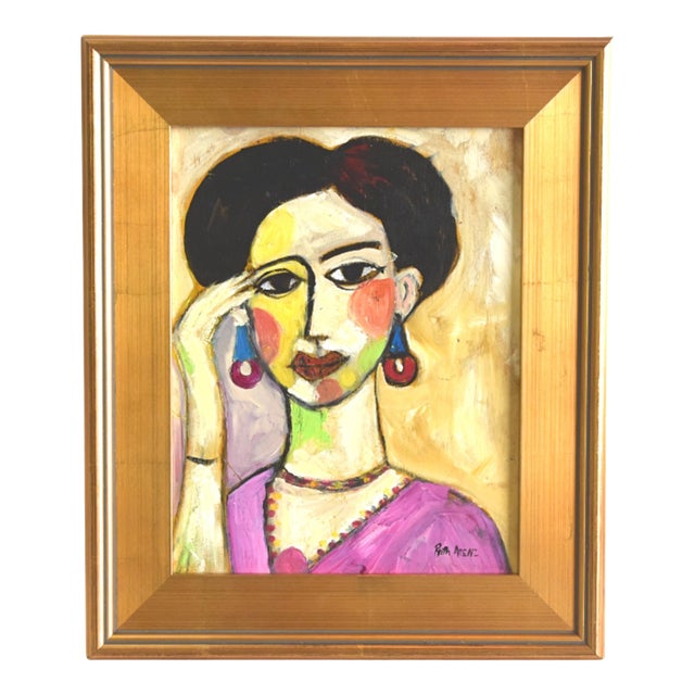 Woman Portrait Oil Painting by the Talented Ruth Arenz Including the Antiqued Gold Wood Frame For Sale