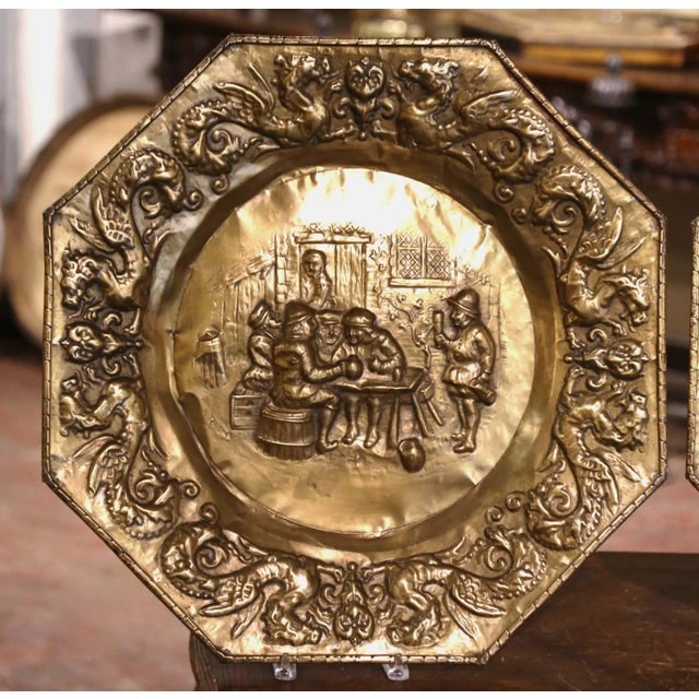 Baroque Pair of 19th Century French Repoussé Copper Tavern Scene Wall Chargers For Sale - Image 3 of 12
