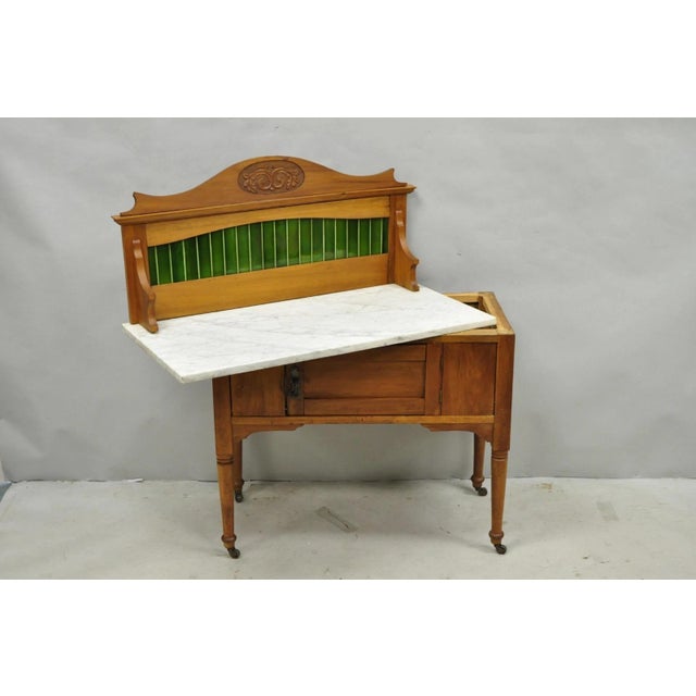 Antique English Arts & Crafts Birch Wood Green Tile Backsplash Washstand Server For Sale - Image 18 of 18