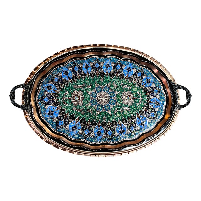 Hand Carved Oval Copper Tray with Handles For Sale