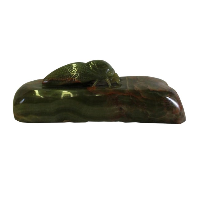 Chinese Oriental Stone Carved Cicada Paperweight Fengshui Display Figure For Sale