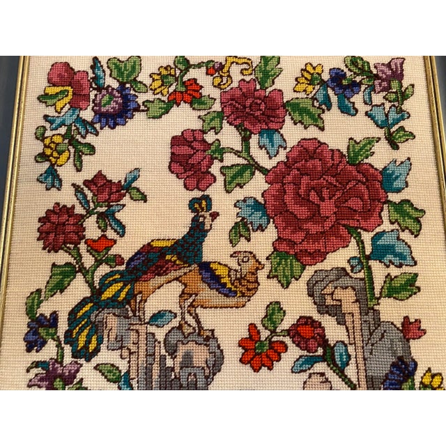 Folk Art Antique 1910s Pheasant Needlepoint Embroidered Framed Art For Sale - Image 3 of 9