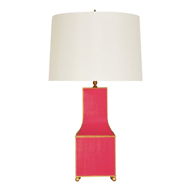 Matthew Izzo Home Renata Pagoda Style Dark Pink Tole Table Lamp With Gold Trim and Cream Silk Shade For Sale