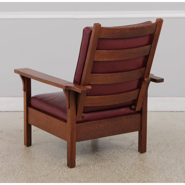 Gustav Stickley Antique Mission Oak Burgundy Leather Reclining Morris Chair For Sale In Philadelphia - Image 6 of 15