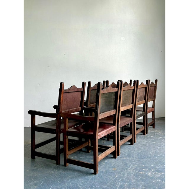 Vintage Spanish Leather and Wood Armchairs - Set of 6 For Sale - Image 12 of 14
