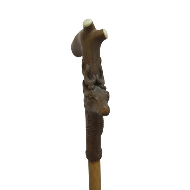 Rustic Deer Stag Head Carved Wood Handle Vintage Walking Stick Cane For Sale - Image 3 of 12