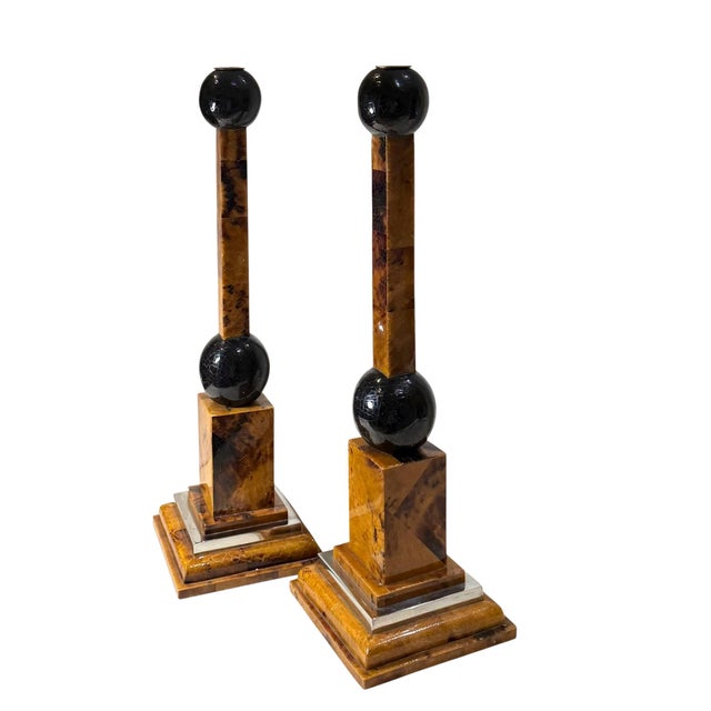 Mid-Century Modern Maitland Smith Style Faux Tortoiseshell and Stainless Steel Candle Holders - A Pair For Sale - Image 3 of 9