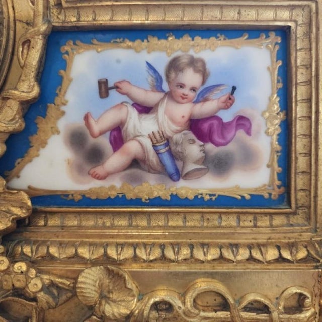 French 19th C. French Lévy Frères Napoleon III Gilt Bronze & Porcelain Mantel Clock For Sale - Image 3 of 15