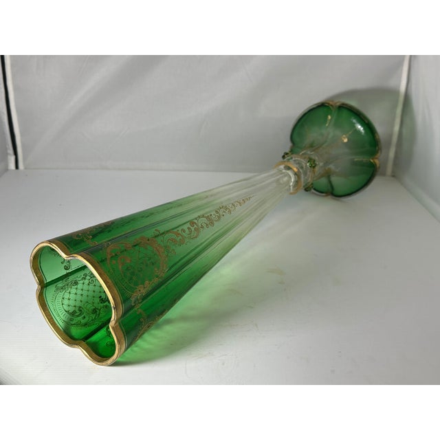 Green Antique Moser Green to Clear Trumpet Vase: Bohemian Gold Gilt Decor (18.5") For Sale - Image 8 of 10