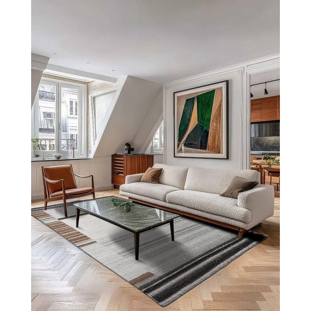 9x12 Gray Handwoven Wool Viscose Framed Linear Texture Geometric Carpet Rug For Sale In New York - Image 6 of 8