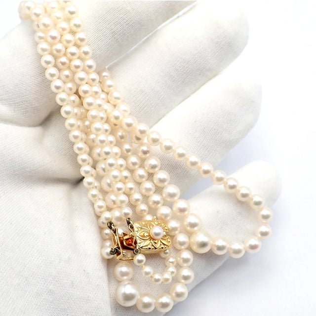 Late 20th Century Mikimoto Yellow Gold Pearl Double Strand Graduated 17" Princess Necklace For Sale - Image 5 of 11