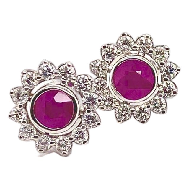 Diamond Ruby Stud Earrings 14 Karat White Gold 1.87 TCW Certified For Sale