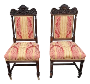 Pair 19th Century Victorian Oak Chairs Carved Back Red Gold Upholstery Dining Hall