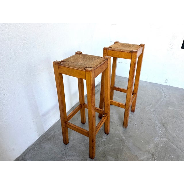 Brutalist High Stool in Wood and Woven Straw, 1960s For Sale - Image 14 of 15