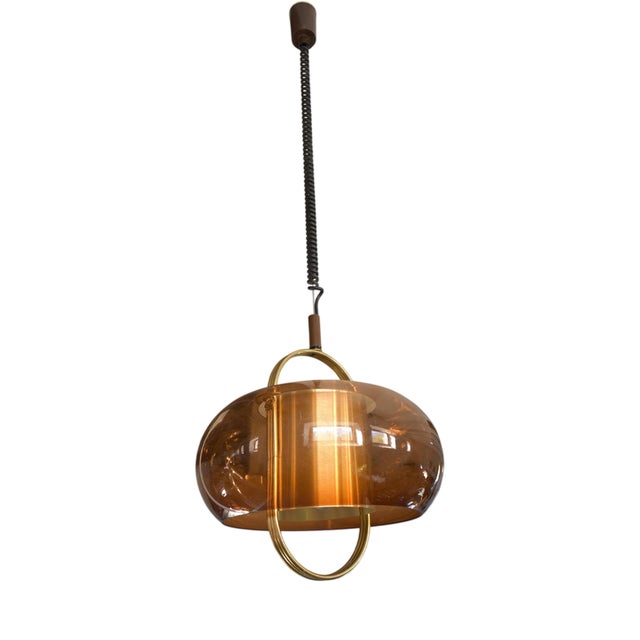 Brass and Smoked Glass Pendant Lamp from Temde, Germany, 1970s For Sale