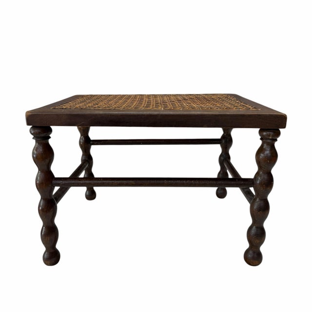 Coffee Antique Walnut and Cane Spool Bobbin Leg Footstool, Plant /Display Stand For Sale - Image 8 of 8