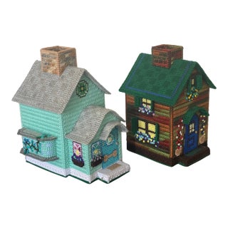 Two Vintage Handmade Textile Art Tissue Covers For Sale