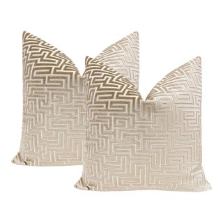 22" Champagne Labyrinth Cut Velvet Pillows - a Pair For Sale