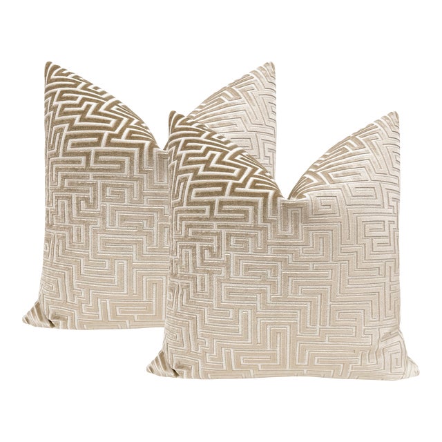 22" Champagne Labyrinth Cut Velvet Pillows - a Pair For Sale