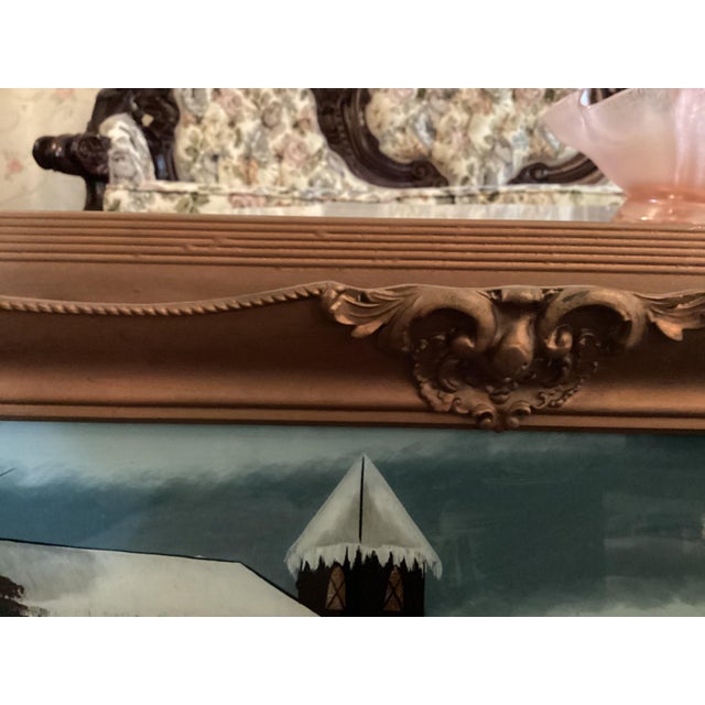 Antique Large Fancy Frame Reverse Painted Picture Catholic Church 47.25” X 19.25 Lovely Evening Moonshine Off Lake For Sale - Image 9 of 17