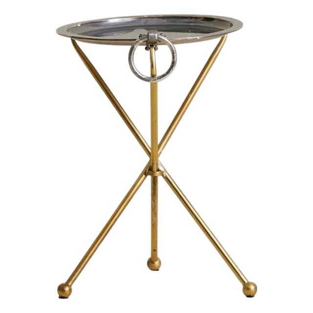 Spanish Brass + Silverplate Tripod Tray Table, 1960s For Sale