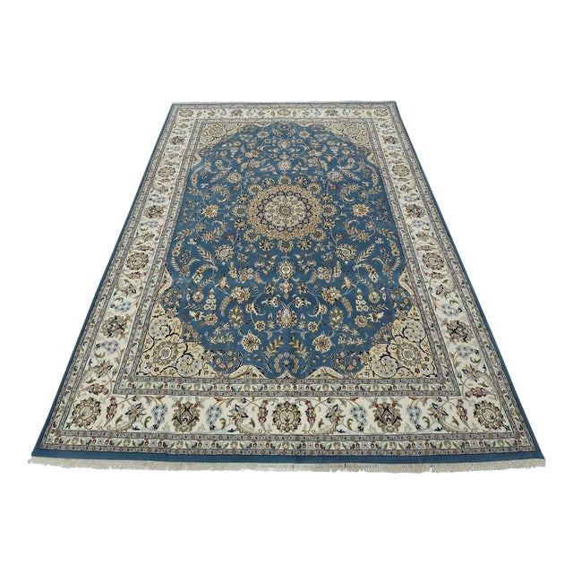 Fine Nain Rug 8'10'' X 12'3'' Blue Wool Traditional Hand-Knotted Oriental Carpet For Sale