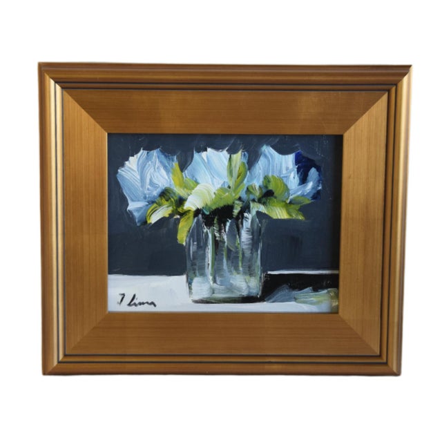 Wood Soft Blue Bouquet of Flowers Oil Painting Including the Antiqued Gold Wood Frame For Sale - Image 7 of 7