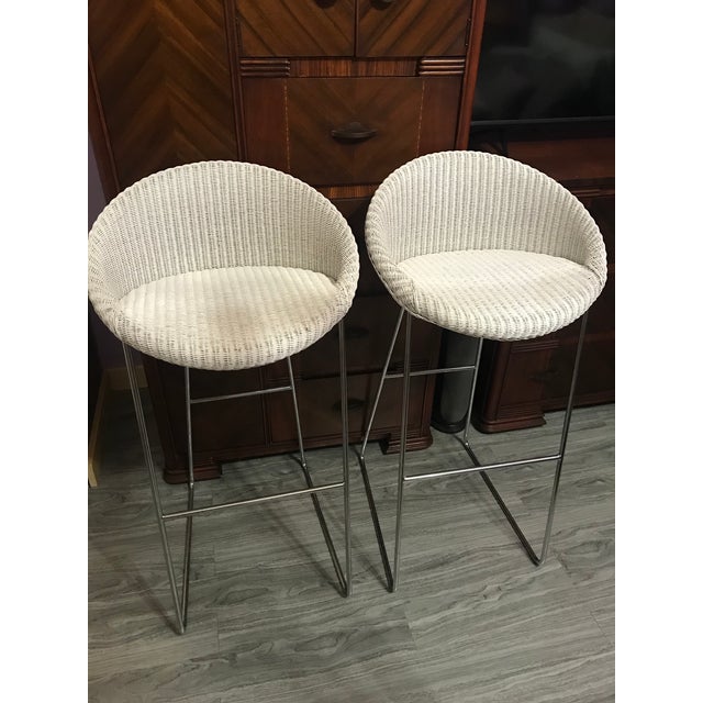 1990s Vincent Sheppard Wicker & Chrome BarHeight Stools a Pair