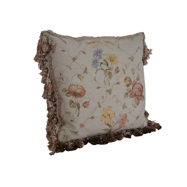 Traditional Mid 20th Century Down Filled Floral Rose Lily Daisy Needlepoint Tassel Lumbar Throw Pillow For Sale - Image 3 of 11