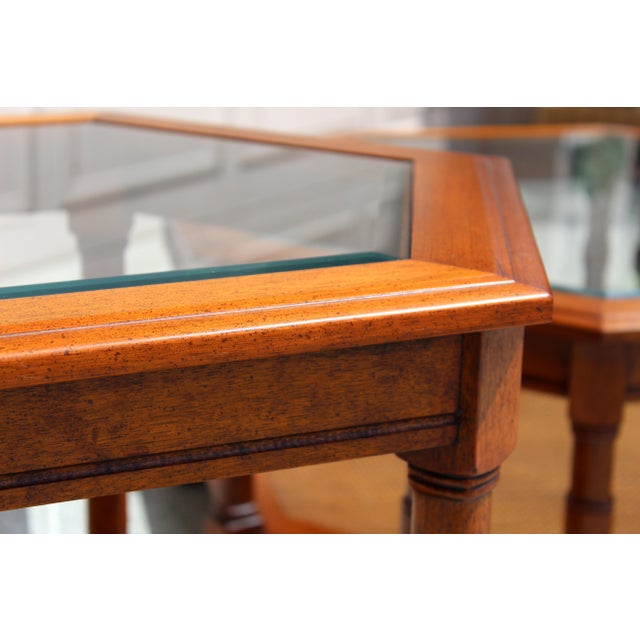 Vintage 1960s Mid-Century Modern Walnut Octagonal Glass Top & Cane Coffee Table + 2 Matching Hexagonal Accent Tables For Sale - Image 10 of 12